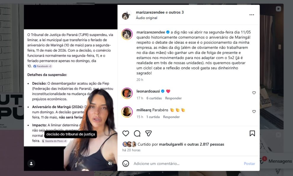 Empresária maringaense viraliza após anunciar que manterá lojas fechadas no dia 11 de maio: "Cuidar do funcionário vai muito além de um dia de faturamento"